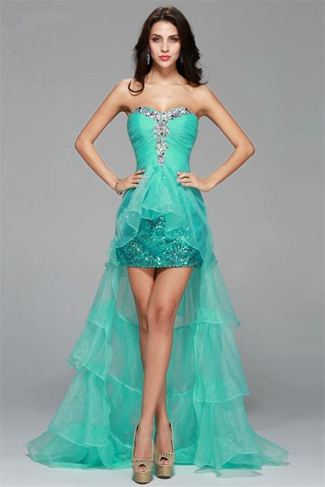 Turquoise Sequins Crystals Short Front Long Back Evening Dress High Low