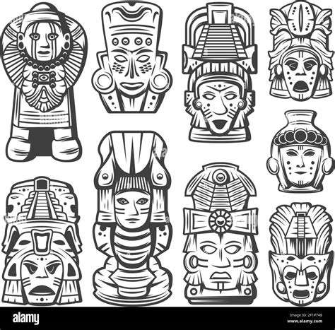 Vintage Monochrome Maya Civilization Objects Collection With Tribal