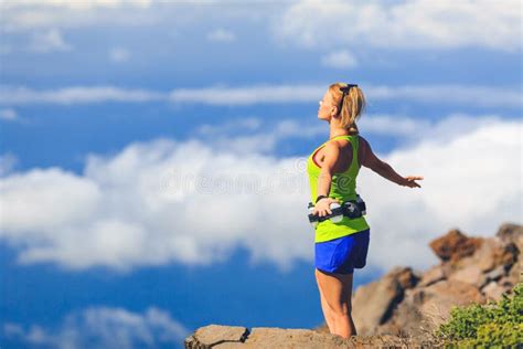 Happy Woman Runner Arms Raised Outstretched Freedom Stock Photo Image
