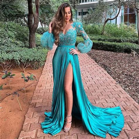 blue evening dresses appliques scoop a line pleats high side split long sleeves sexy prom party