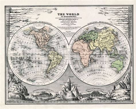 Antique World Map Hemispheres 1880 Handcoloured Map Etsy Canada