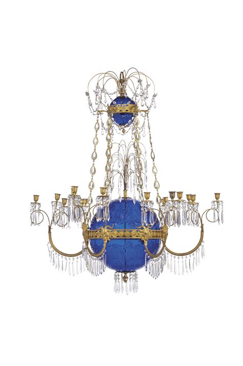 A Russian Ormolu And Cobalt Blue Cut Glass Eighteen Light Chandelier