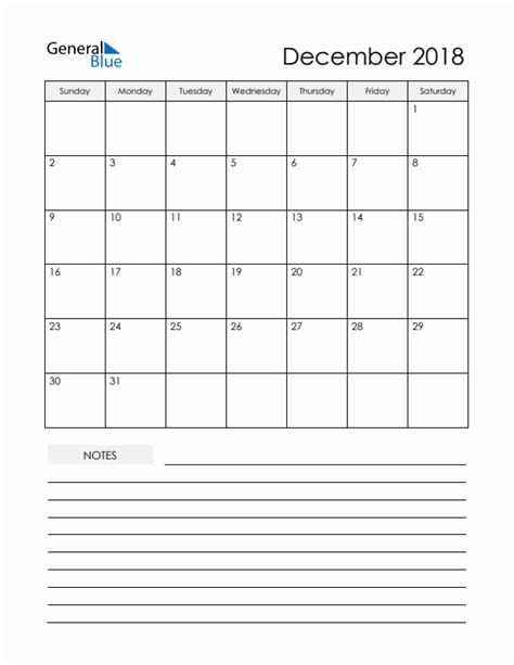 December 2018 Monthly Calendar Pdf Word Excel