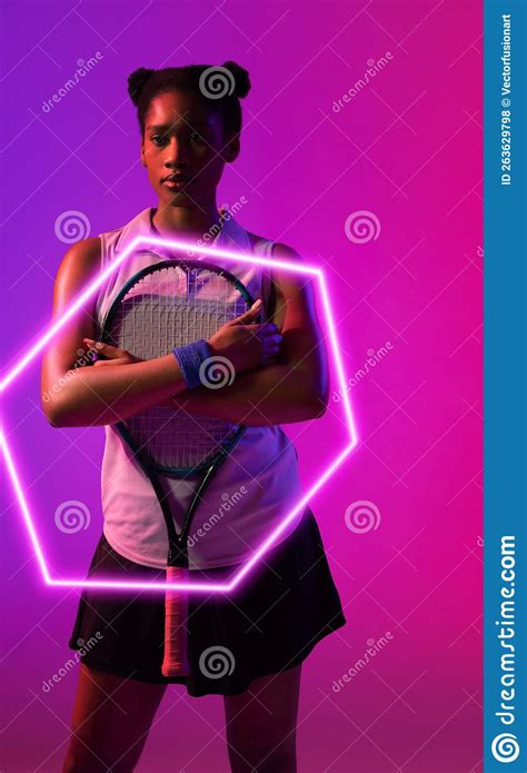Thoughtful African American Female Tennis Player Standing With Racket