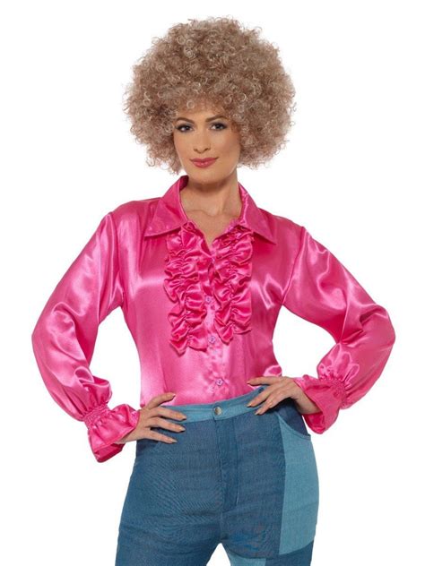 disco 70s pink satin ruffle women s blouse disguises costumes hire and sales