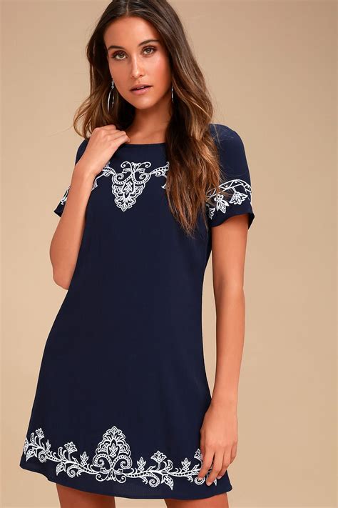 White And Navy Blue Dress Embroidered Dress Shift Dress Blue Sexy Dress Blue Summer Dresses