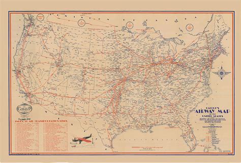 1930s Vintage Airway Map Of The United States Map Gallup Map