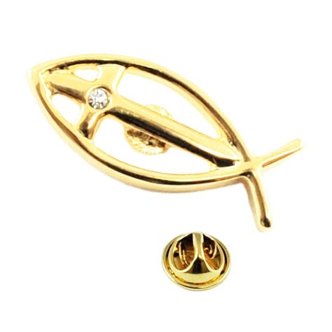 Gold Plated Icthus Religion Religious Lapel Pin Badge With Crystal