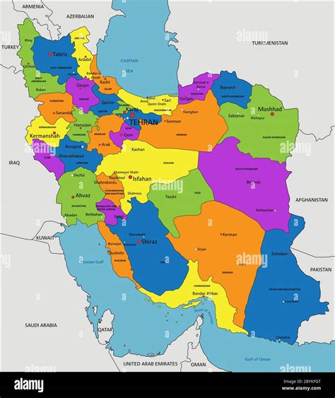 Colorful Iran Political Map With Clearly Labeled Separated Layers