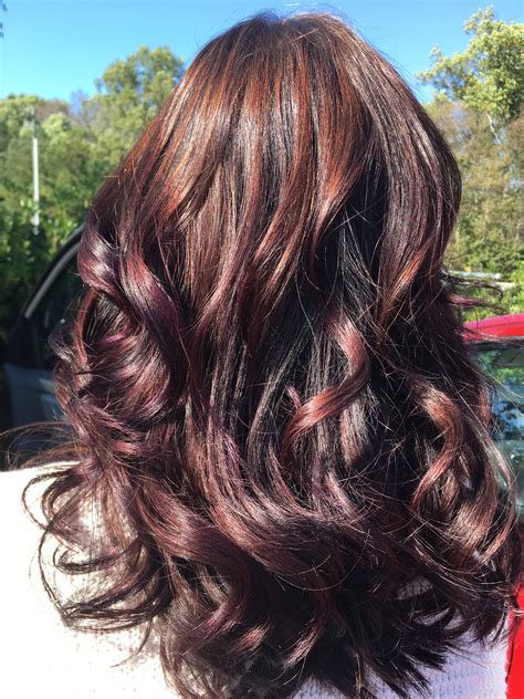 Violet Burgundy And Dark Brown Balayage Brown Hair Balayage Balayage Hair Brunette Hair Color