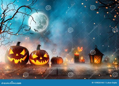 Halloween Pumpkins On Dark Spooky Forest Stock Photo Image Of Black