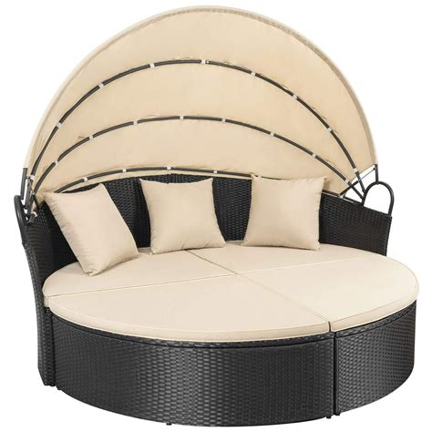 Walnew Outdoor Patio Round Daybed With Retractable Canopy Wicker