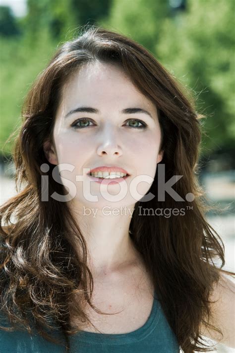 Beautiful Green Eyes Long Brown Hair Caucasian Woman Portrait Stock