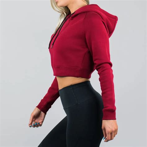 Wholesale Cropped Top Hoodie 50 50 Blend Cotton Polyester Fleece Womens Red Crop Hoodie Gym