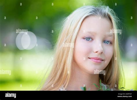 Portrait Of A Beautiful Teenage Girl Ten Year Old Blue Eyed Girl Stock