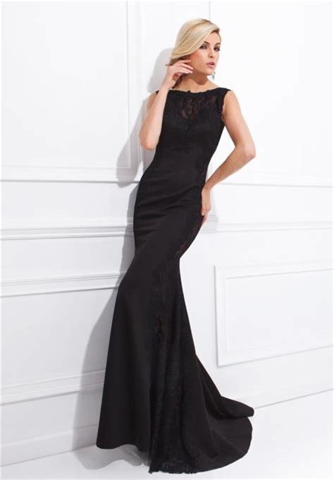 Fitted Bateau Neckline Backless Long Black Chiffon Lace Special