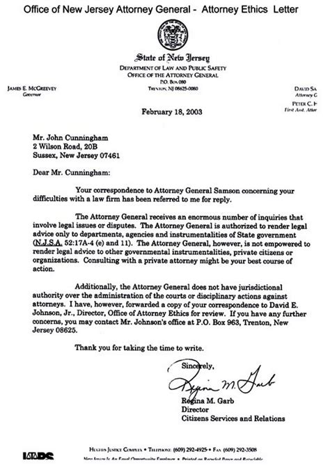 Alternatively, the party can write the letter and have her attorney approve it. EVIDENCE: GOVORNOR JAMES McGREEVEY AND NEW JERSEY ATTORNEY GENERAL'S OFFICE