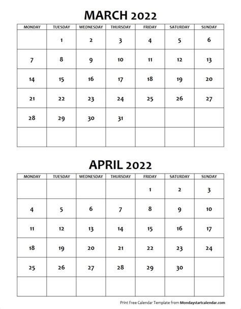 March April 2022 Calendar Monday Start Editable Two Months Template