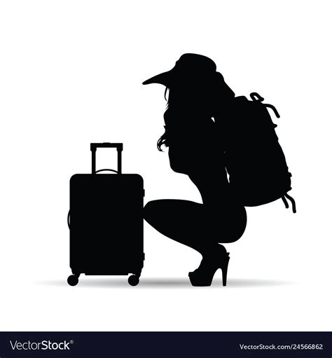 Girl With Travel Suitcase And Bag Silhouette Vector Image