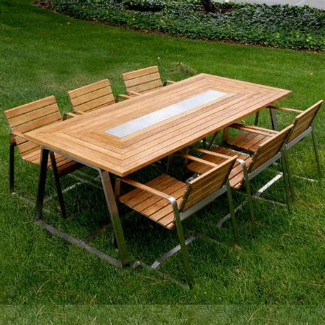 7 Pc Stainless Steel Teak Modern Outdoor Rectangular Dining Table Set
