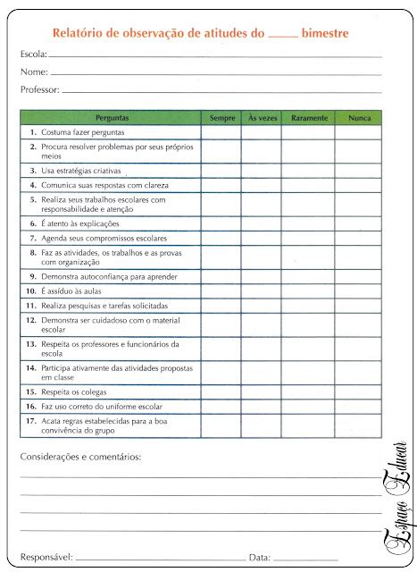 Modelo de ficha de avaliação de comportamentos e atitudes participação etc