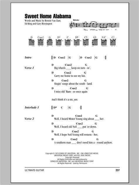 Sweet Home Alabama Sheet Music By Lynyrd Skynyrd Lyrics And Chords 93642