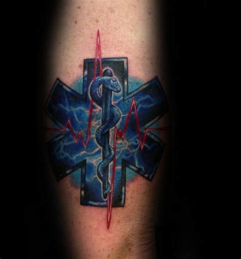 Emt Guys Star Of Life With Red Heart Beat Design Tattoo On Arm Ems