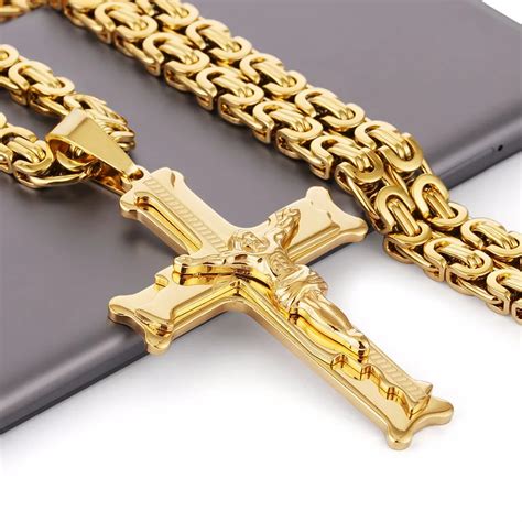 Fashion Gold Stainless Steel Jesus Cross Pendant Necklace 6mm Link