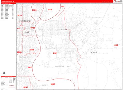 Council Bluffs Iowa Zip Code Wall Map Red Line Style By Marketmaps