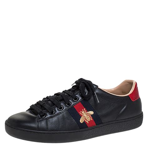 Gucci Black Leather Ace Web Bee Low Top Lace Up Sneakers Size 355
