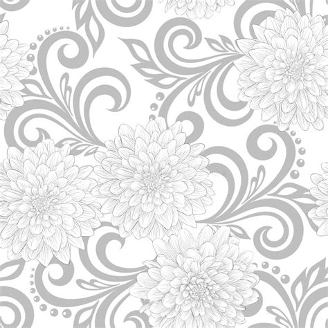 Black And White Seamless Pattern With Dahlia Flowers And Abstract