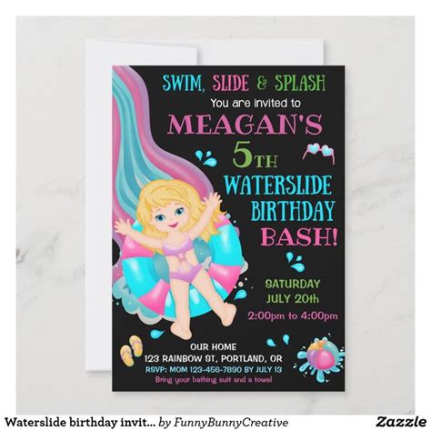 Waterslide Birthday Invitation Girl Pool Party Fun Birthday Invitation