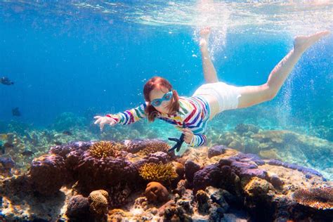 Child Snorkeling Kids Underwater Beach And Sea Stock Image Image Of