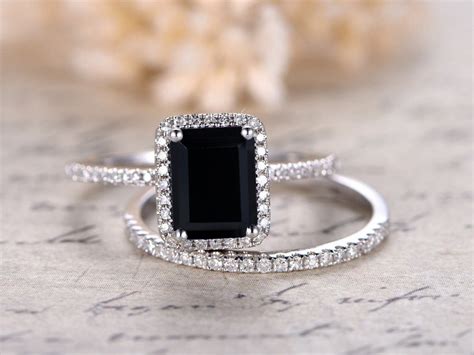Natural Black Onyx Wedding Ring Set 2pcs Emerald Cut Black Etsy