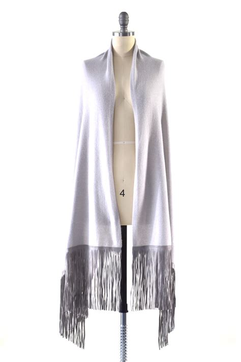Cashmere Shawl With Double Leather Fringe In Dove Gray Aspentrue