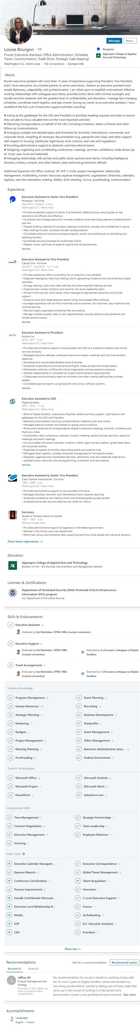 Linkedin Profile Resume Example Administrative Executive Assistant