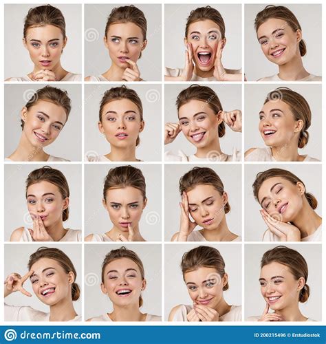 Collage Di Ritratti Di Una Giovane Bellissima Donna Con Emozioni Diverse Fotografia Stock