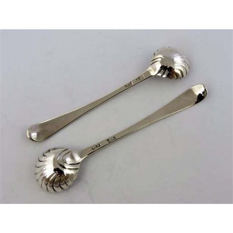Pair Bright Cut Salt Spoons 1780 Antique Silver Spoons