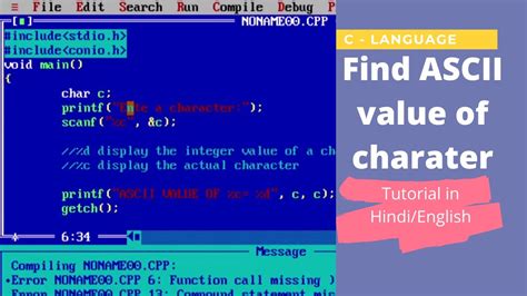 C Program To Find ASCII Value Of A Character Using Turbo C Tutorial In Hindi English