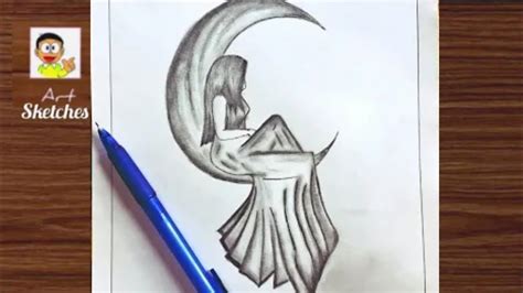 How To Draw Beautiful Girl Sitting On The Moon Step By Step Moon Drawing With Girl For