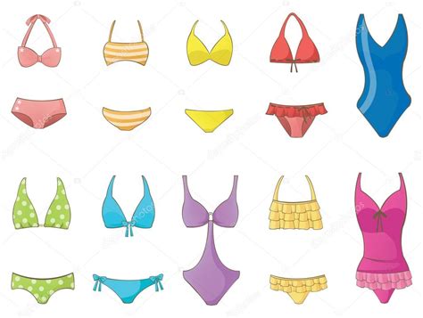 Girl Summer Fashion Swimsuit And Bikini Icon Collection Set Create By Cartoon Vector Stock