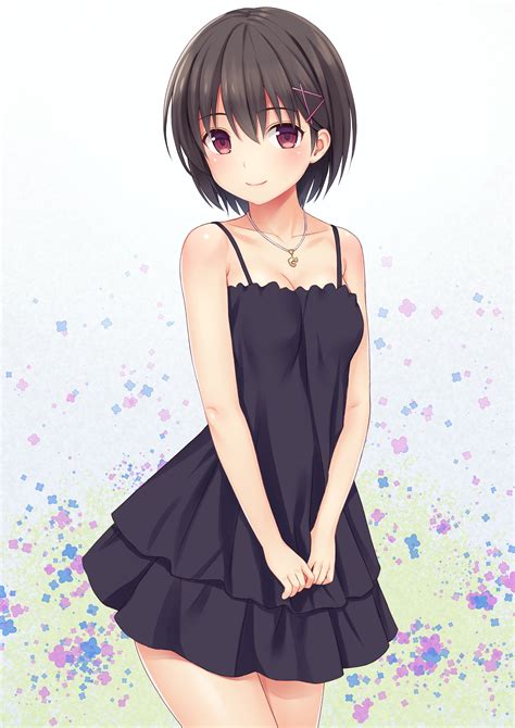 Anime Art~♡ Bishoujo Beautiful Anime Girl Short Hair Hairclips Necklace Dress