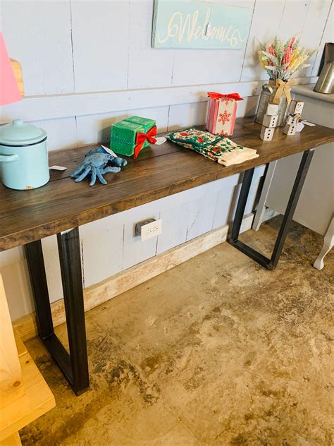 Industrial Farmhouse Entryway Table With Steel Legs And Wooden Dark