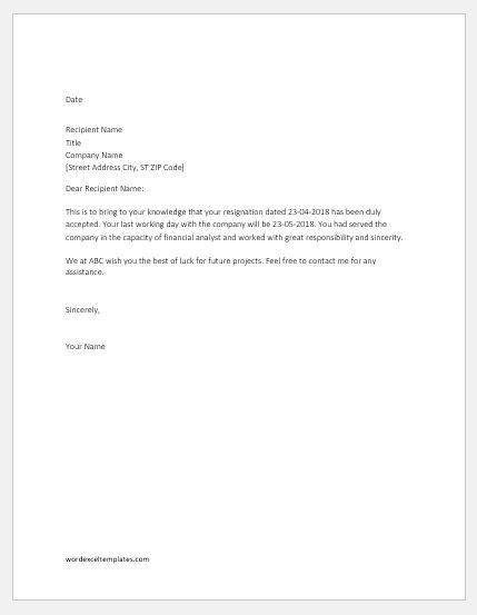 Resignation Acceptance Letters Samples Word And Excel Templates