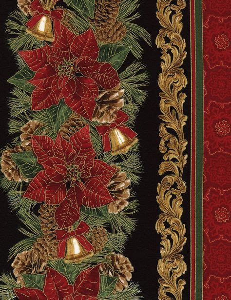 Metallic Gold Bell Poinsettia Christmas Border Stripe Fabric Timeless
