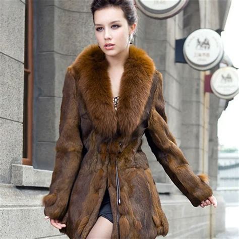 topfurmall ladies genuine real rabbit fur coat with fox fur collar winter women fur overcoat