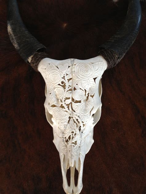 Hand Carved Cow Skull With Roses And Vines Skulls Two Kill Four