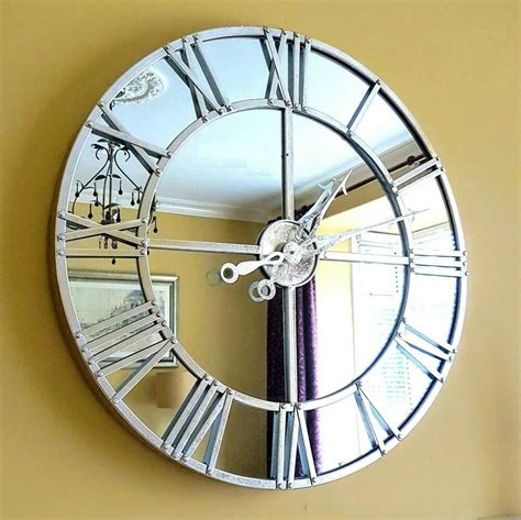 Mirrored Wall Clock Skeleton Style Silver Finish Large 80cm