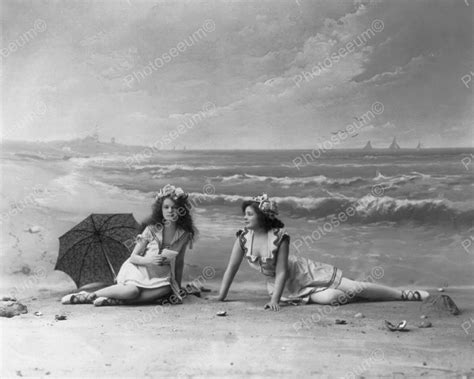 beautiful victorian girls pose at beach 8x10 reprint of old photo photo vintage swimwear