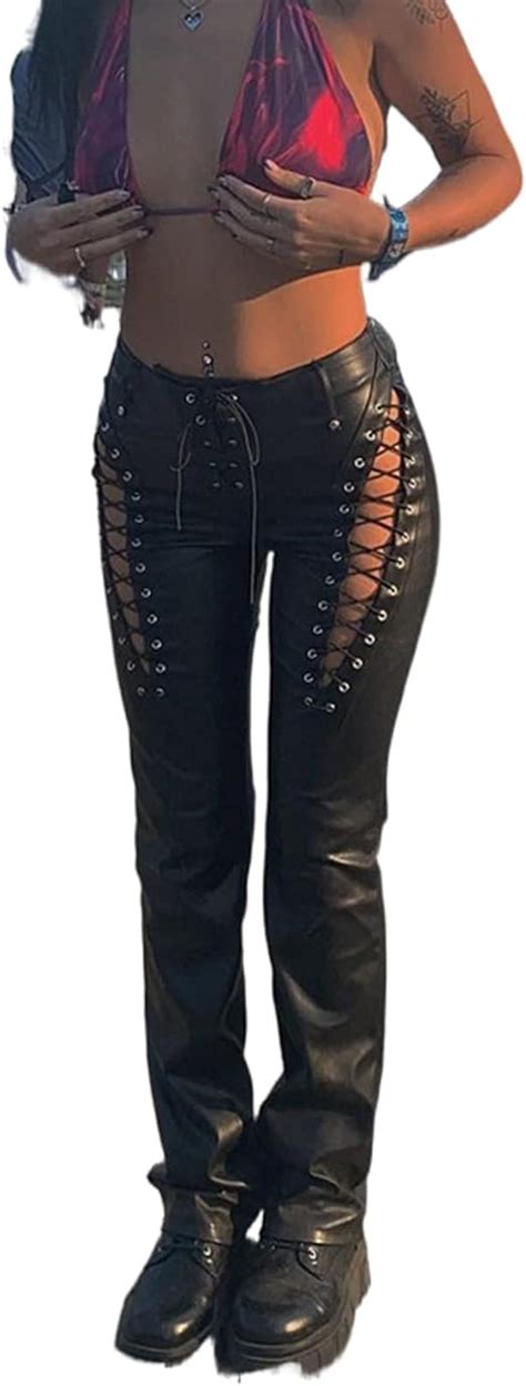 women s y2k lace up pu leather pants high waist drawstring cut out chic e girl